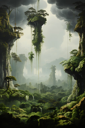 Fantasy alien planet with trees. 3D illustration. Fantasy landscape.の素材