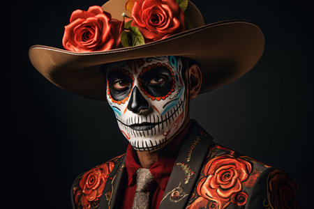 Skull man in a mexican costume with red roses.の素材