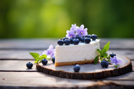 Cheesecake with blueberries and mint leaves on a wooden backgroundの素材