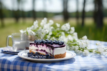 Blueberry cheesecake with fresh blueberries on a blue tablecloth in a parkの素材