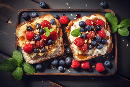 Toasts with cream cheese, berries and nuts on a dark wooden background.の素材