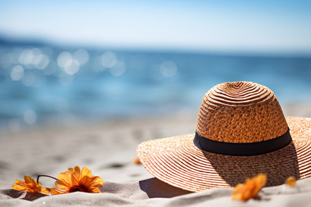 Summer straw hat on the beach with sunflowers. Vacation conceptの素材
