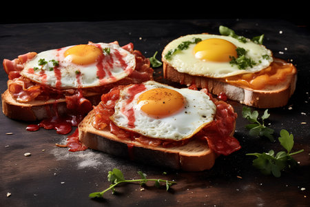 Sandwiches with fried eggs, bacon and vegetables on black backgroundの素材