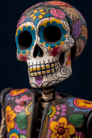 Day of the Dead, Mexican sugar skull in front of a black backgroundの素材