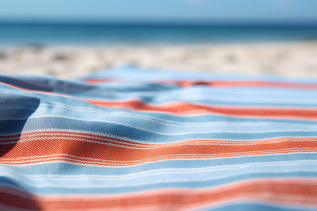 Closeup of beach towel on the seashore. Selective focus.の素材