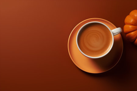 Cup of coffee with pumpkins on a brown background. 3d renderingの素材