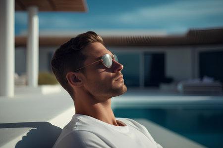 Handsome young man in sunglasses standing by the swimming pool and looking awayの素材