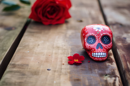 Day of the Dead skull and red rose on a wooden background.の素材