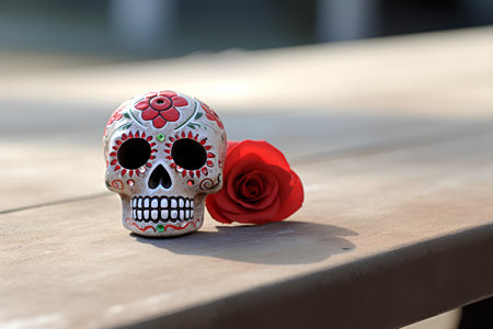 Skull and red rose on a wooden bench. Day of the Dead.の素材