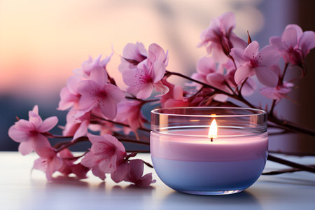 Burning candle and pink sakura flowers on wooden table, closeupの素材