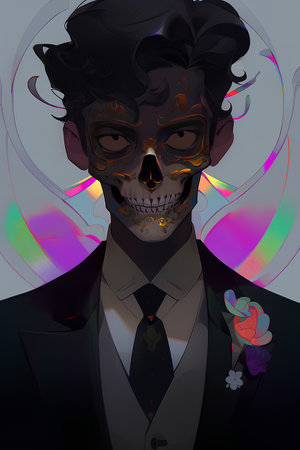 Illustration of a man in a suit with a skull on a colorful backgroundの素材