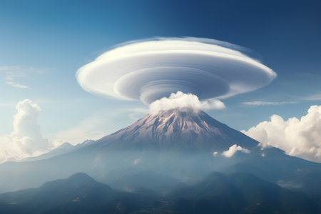 3D illustration of volcano fuji and cloud in the blue skyの素材