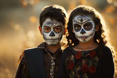 Portrait of a boy and girl with sugar skull makeup. Dia de los muertos. Day of The Dead.の素材