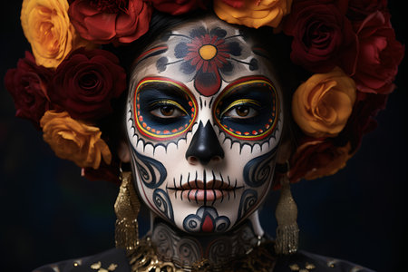 Close up portrait of a beautiful woman with sugar skull makeup. Dia de los muertos. Day of The Dead. Halloween.の素材