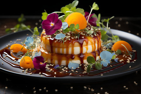 Caramel pudding with caramel sauce and edible flowers, selective focus.の素材