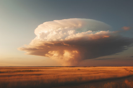 Dramatic sunset over the prairie with huge cumulus cloudの素材