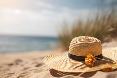 Straw hat on the sand near the sea. Vacation conceptの素材
