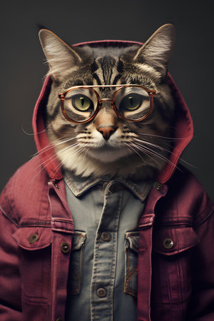 Portrait of a cat in a jacket and glasses on a dark background.の素材