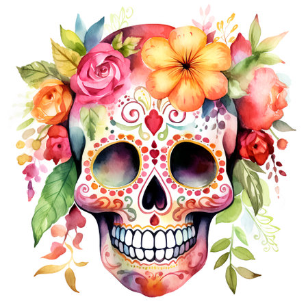 Hand drawn watercolor sugar skull with flowers and leaves. Vector illustration.の素材