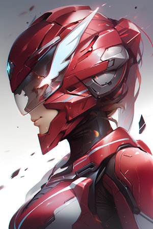 Cyborg woman in red and silver cyberpunk style. 3d renderingの素材