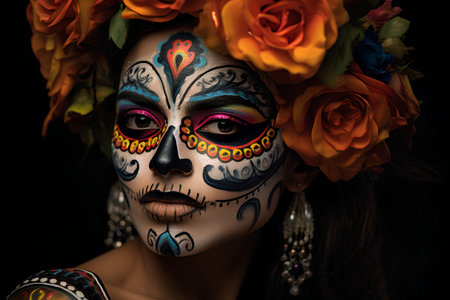 Portrait of beautiful woman with sugar skull makeup. Dia de los muertos. Day of The Dead. Halloween.の素材