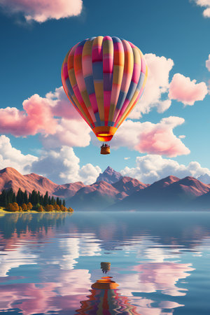 Hot air balloon over the lake with mountains in the background. 3d renderingの素材