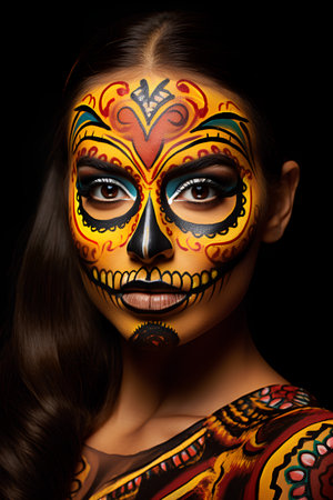 Portrait of a beautiful girl with sugar skull makeup on black backgroundの素材