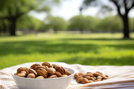 Pecan nuts in a bowl on the table in the parkの素材
