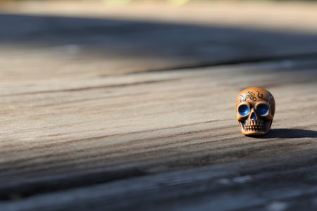 Skull on old wooden background. Halloween concept. Selective focus.の素材