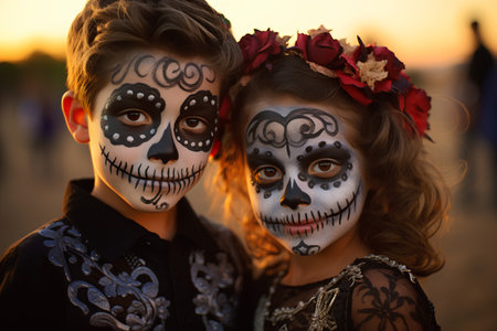 Portrait of a boy and girl with sugar skull makeup. Dia de los muertos. Day of the Dead.の素材
