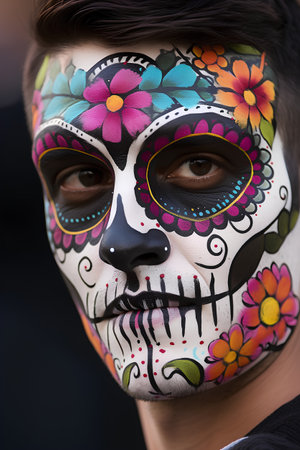 Close-up portrait of a young man with sugar skull makeup. Dia de los muertos. Day of The Dead. Halloween.の素材