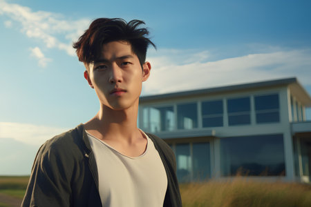 young asian man in front of a modern house with blue skyの素材