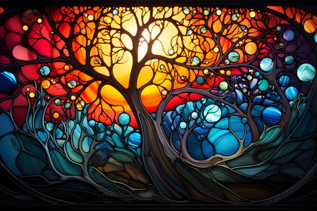 Illustration in stained glass style with abstract tree, sun and sky.の素材
