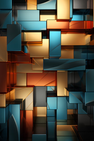 3d render, abstract geometric background with shiny metallic cubes in blue and orange colorsの素材