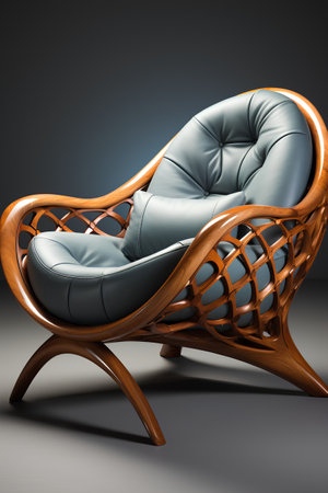 Armchair made of wood on a dark background. 3d renderingの素材