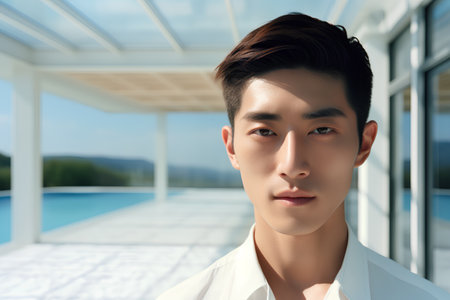 young asian man in white shirt looking at camera near swimming poolの素材