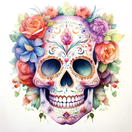 Hand drawn watercolor sugar skull with floral ornament isolated on white backgroundの素材