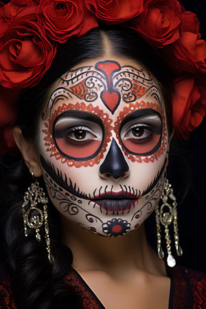 Portrait of beautiful woman with sugar skull makeup. Dia de los muertos. Day of The Dead. Halloween.の素材