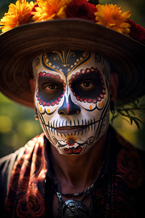 Mexican sugar skull woman wearing traditional mexican hat and costumeの素材