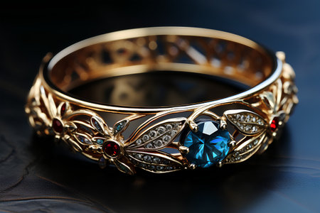 Jewelry ring with sapphire and diamonds on a dark backgroundの素材