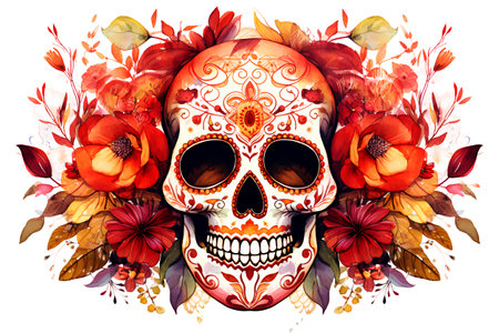 Day of the Dead. Watercolor skull with floral ornament. Hand drawn illustrationの素材