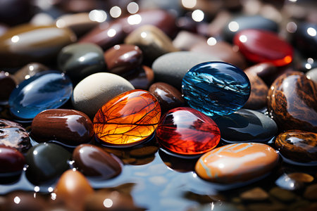 Colorful stones with reflection in water. Abstract background. Toned.の素材