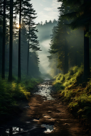 Beautiful fantasy landscape with a river flowing through the forest at sunriseの素材