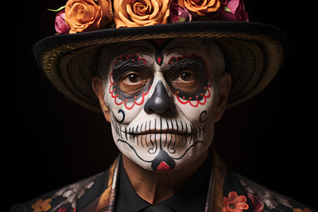 Close-up portrait of a man with sugar skull makeup and floral wreathsの素材