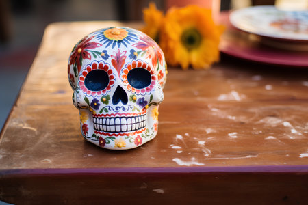 Mexican sugar skull on wooden table. Day of The Dead.の素材
