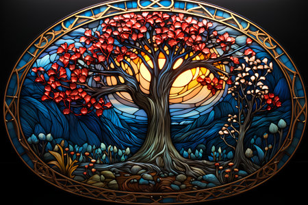 Illustration in stained glass style with a tree in the forest on the background of the sun and mountainsの素材