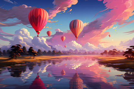Hot air balloons flying in the sky over the river. 3d renderingの素材