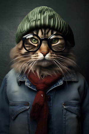 Portrait of a cat wearing glasses and a hat. Winter fashion.の素材