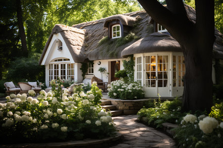 Beautiful house with thatched roof and flowers in the garden.の素材