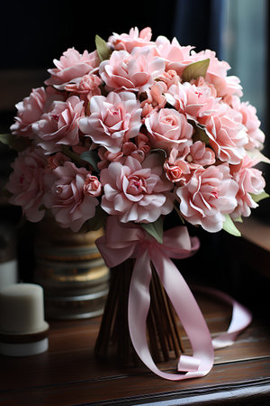 Bouquet of pink carnation in vase on wooden tableの素材